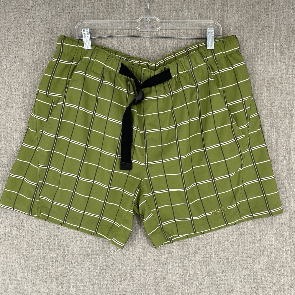 The North Face Class V Belted Board Shorts Mens Large Green Plaid Hiking Swim
